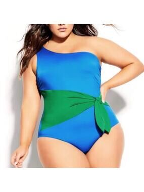 NWT City Chic Capri Ibiza blue and Absynth green sash one shoulder swimsuit, 20